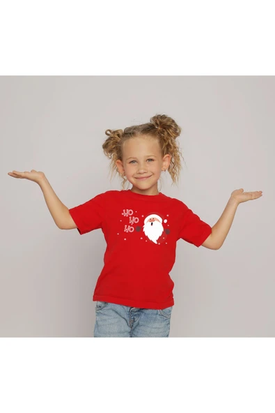 TexKid Yılbaşı Ho Ho Ho Yazılı Kırmızı Çocuk Tişört ürün görseli 1