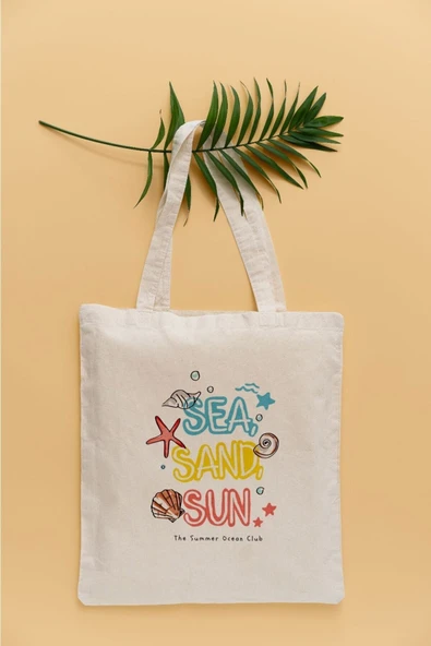 TexKid Deniz Kum Güneş Yazılı Plaj Temalı Sıvı Geçirmez Bez Çanta ürün görseli 1