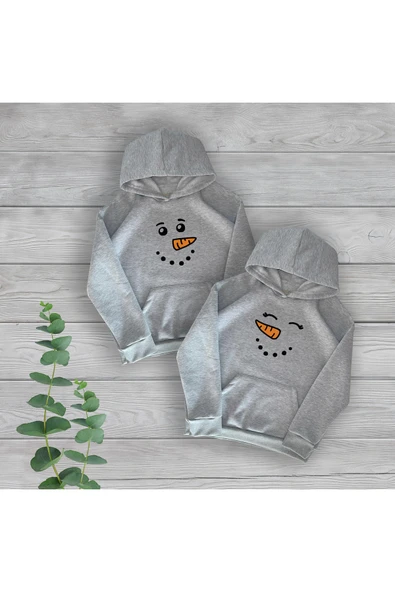 TexKid Kardan Adam Yüz Baskılı Sevgili Çift Hediye Gri Oversize 2'li Sweatshirt ürün görseli 1