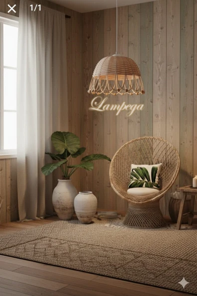 Lampega rattan bambu hasır avize - Resim 2