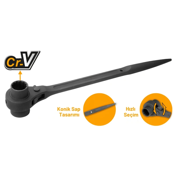 Ingco HRSTW17211 Çift Taraflı Cırcırlı 12 Köşe Lokma Anahtarı 17/21mm - Resim 5