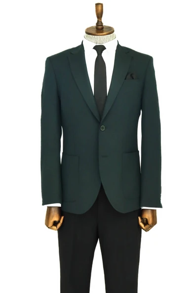 Kendinden Desenli Slim Fit Sivri Yaka Yeşil Erkek Ceket - Wessi - Resim 3