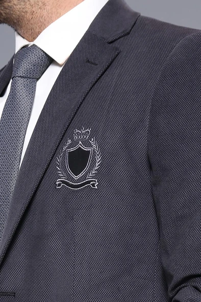 Kapaklı Cepli Arma Detaylı Kadife Koyu Gri Erkek Ceket - Wessi - Resim 2