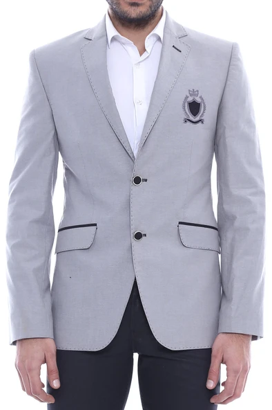 Çift Düğmeli Mono Yaka Armalı Gri Ceket -Wessi - Resim 3