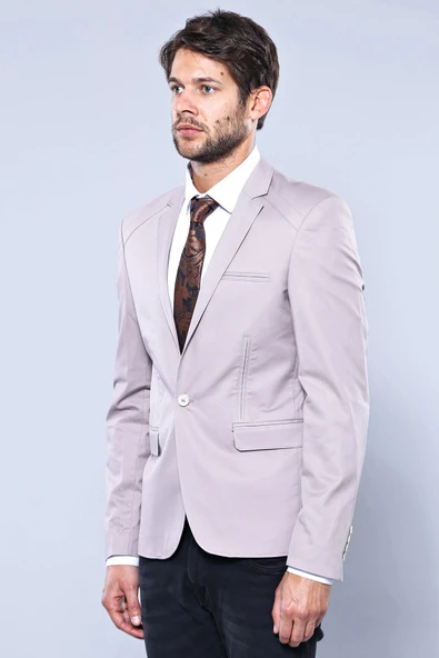 3 Cepli Tek Düğmeli Pamuk Omuz Dikişli Bej Ceket - Wessi - Resim 3