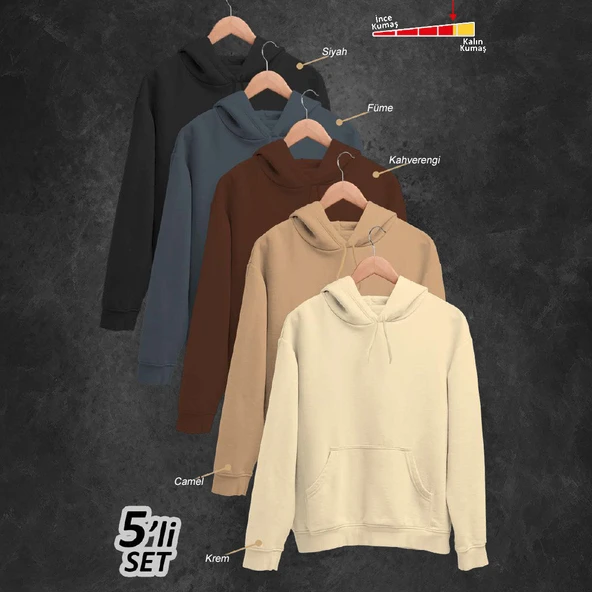5'li Kışlık Unisex Kapşonlu Sweatshirt Seti (Siyah, Füme, Kahverengi, Camel, Krem) ürün görseli 1