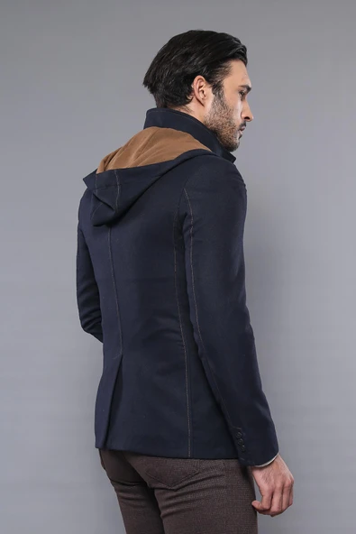 3 Cepli Kapüşonlu Fermuarlı Yün Lacivert Kısa Kaban - Wessi - Resim 4