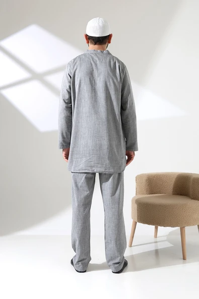 Erkek Tek Cepli Gömlek Pantolon İkili Takım Hac ve Umre Kıyafeti Gri (Vşn) - Resim 9