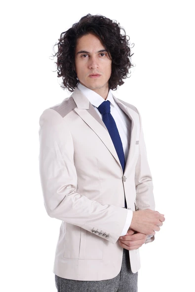 Çift Düğmeli Cepli Omuz Detaylı Krem Erkek Ceket - Wessi - Resim 2