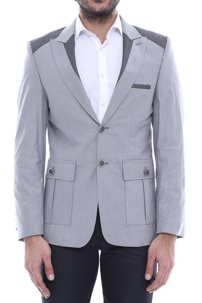 Çift Düğmeli Cepli Omuz Detaylı Gri Erkek Ceket - Wessi ürün görseli 1