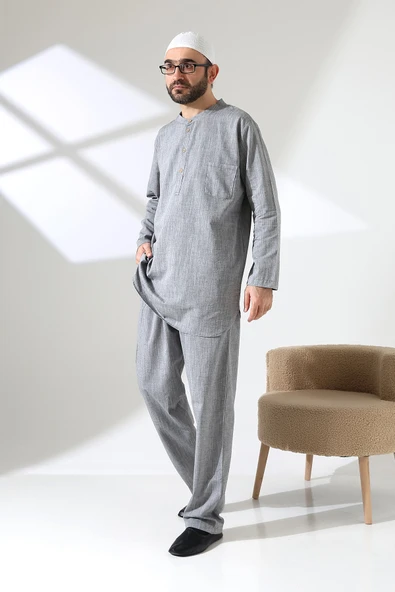 Erkek Tek Cepli Gömlek Pantolon İkili Takım Hac ve Umre Kıyafeti Gri (Vşn) - Resim 6