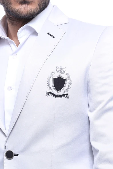 Çift Düğmeli Mono Yaka Armalı Krem Ceket -Wessi - Resim 2