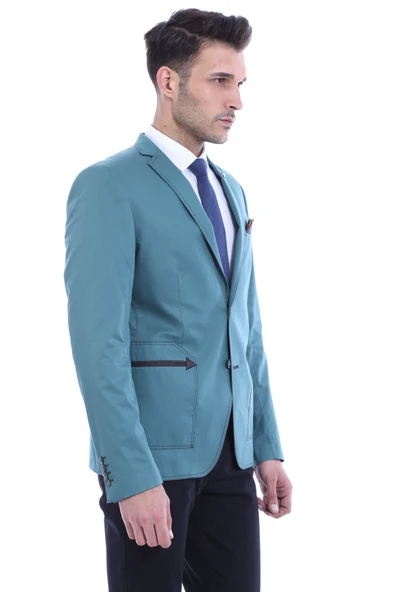 2 Düğmeli Mono Yaka Cepli Pamuk Yeşil Ceket -Wessi - Resim 2