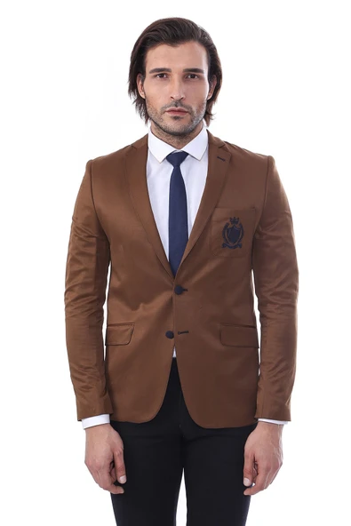 2 Düğmeli 3 Cepli Armalı Pamuk Erkek Taba Ceket - Wessi ürün görseli 1