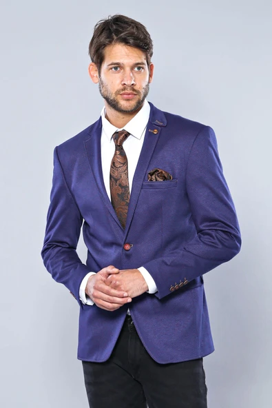 2 Düğmeli Penye Saks Mavisi Erkek Ceket  - Wessi ürün görseli 1