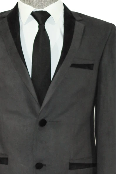 2 Düğmeli Cepli Biyeli Kadife Antrasit Ceket - Wessi - Resim 2