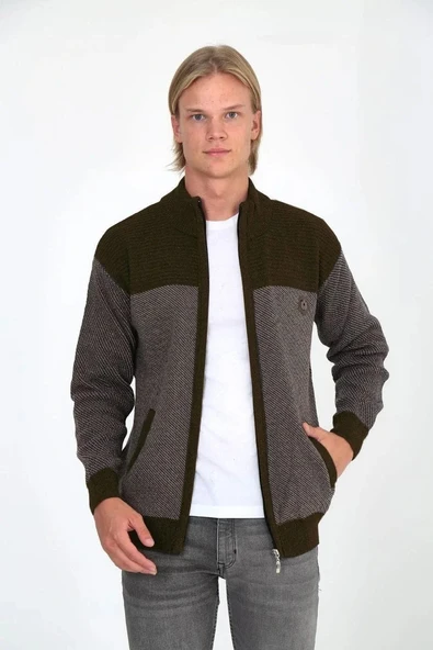 Erkek Fermuarlı Triko Hırka Yüksek Yaka, Cepli, Günlük Şık Rahat Kalıp Triko - Kahverengi ürün görseli 1