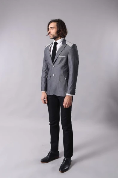 Çift Düğmeli Cepli Sivri Yaka Antrasit Erkek Ceket - Wessi - Resim 4