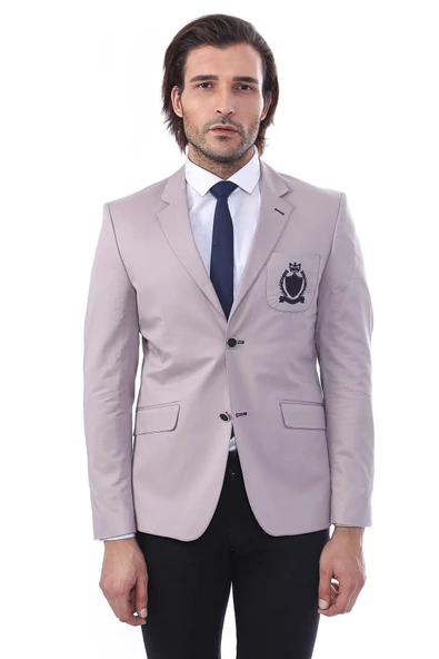 2 Düğmeli 3 Cepli Armalı Pamuk Erkek Bej Ceket - Wessi ürün görseli 1