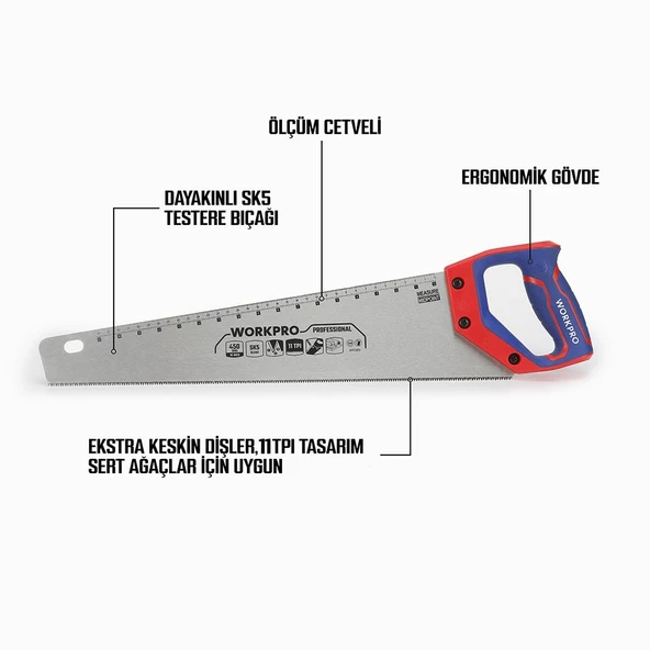 WORKPRO WP215010 450mm SK5 11 TPI Ağır Hizmet Tipi El Testeresi - Resim 2