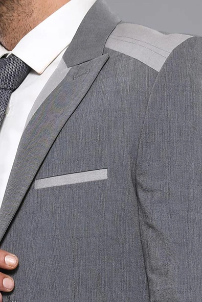 Çift Düğmeli Cepli Sivri Yaka Gri Erkek Ceket - Wessi - Resim 2