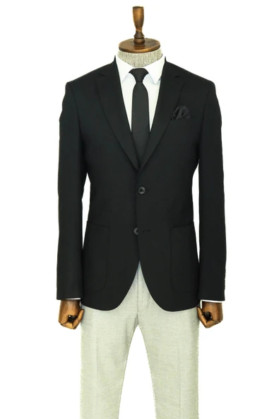 Kendinden Desenli Slim Fit Sivri Yaka Siyah Erkek Ceket - Wessi - Resim 4