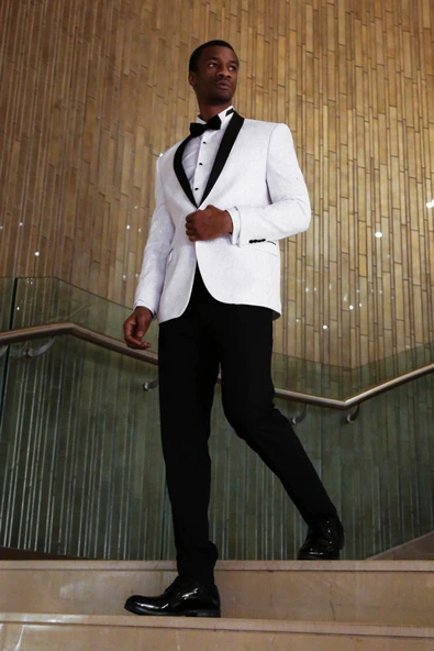 Şal Yaka Çiçek Desenli Beyaz Erkek Smokin Ceket - Wessi - Resim 3