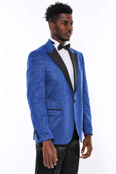 Simli Nokta Desenli Mavi Erkek Smokin Ceket - Wessi - Resim 3