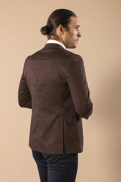 Çift Düğmeli Mono Yaka Omuz Detay Kahverengi Ceket - Wessi - Resim 4