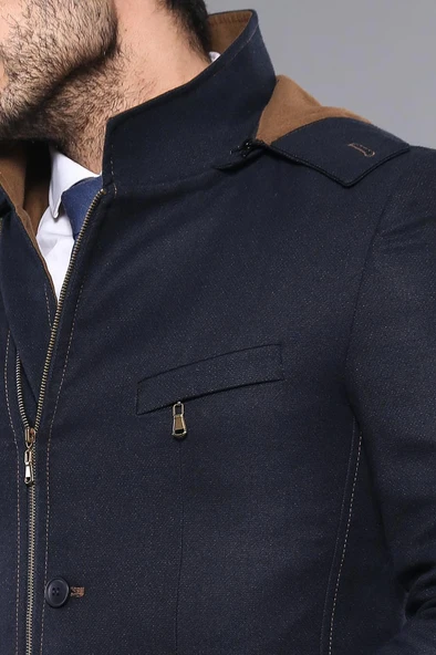 3 Cepli Kapüşonlu Fermuarlı Yün Lacivert Kısa Kaban - Wessi - Resim 2