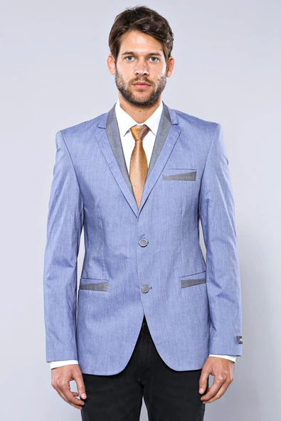 3 Cepli 2 Düğmeli Çapraz Biyeli Açık Mavi Ceket-Wessi - Resim 5