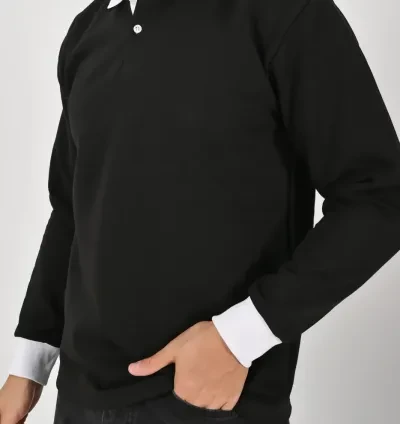 Siyah Çift Renkli Kışlık Polo Yaka Sweatshirt Beyaz Yakalı - Resim 5