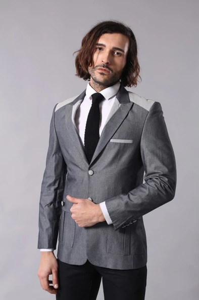 Çift Düğmeli Cepli Sivri Yaka Antrasit Erkek Ceket - Wessi ürün görseli 1