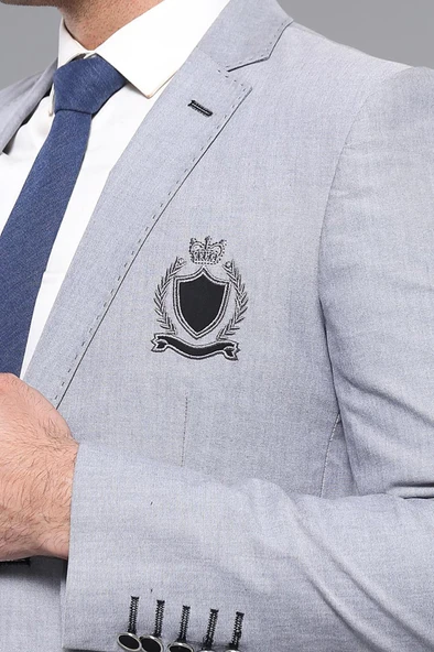 Çift Düğmeli Mono Yaka Armalı Açık Gri Ceket -Wessi - Resim 2