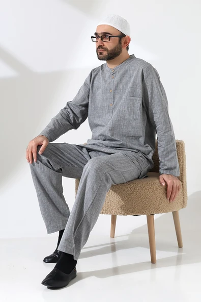 Erkek Tek Cepli Gömlek Pantolon İkili Takım Hac ve Umre Kıyafeti Gri (Vşn) - Resim 8