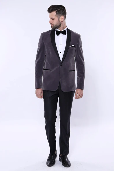 Düz Kadife Tek Düğmeli Koyu Gri Erkek Ceket | Wessi - Resim 5