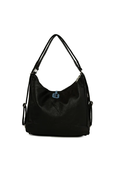 Bagmori Siyah Yedi Gözlü Fermuar Detaylı Askılı ve Sırt Salaş Çanta - Resim 3