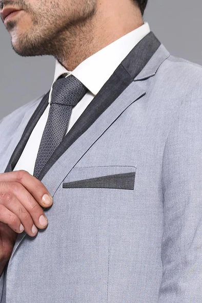 3 Cepli 2 Düğmeli Çapraz Biyeli Koyu Gri Ceket-Wessi - Resim 2