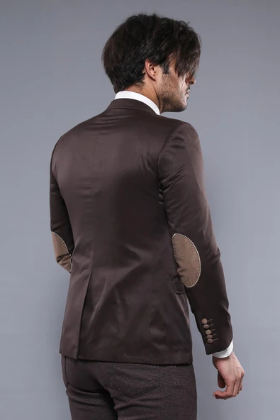 2 Düğmeli 3 Cepli Armalı Pamuk Erkek Kahverengi Ceket - Wessi - Resim 4