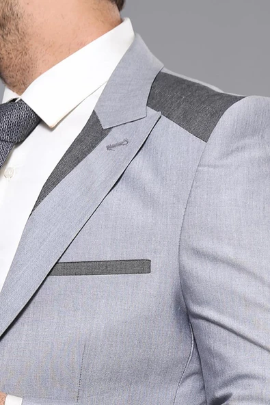 Çift Düğmeli Cepli Sivri Yaka Açık Gri Erkek Ceket - Wessi - Resim 2