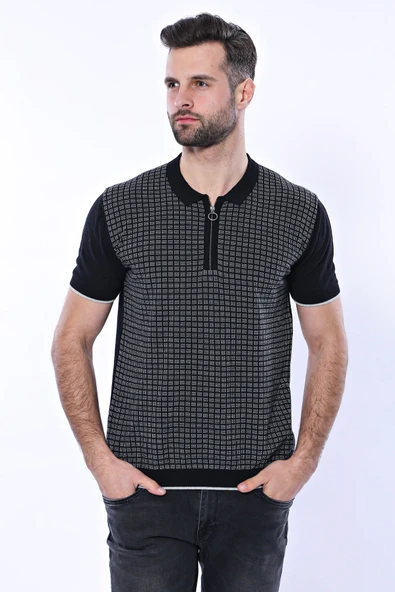 Polo Yaka Siyah Desenli Fermuarlı Örme T-shirt | Wessi - Resim 5
