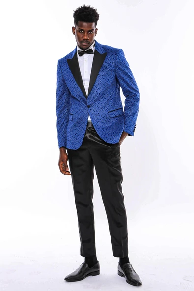 Simli Nokta Desenli Mavi Erkek Smokin Ceket - Wessi - Resim 2