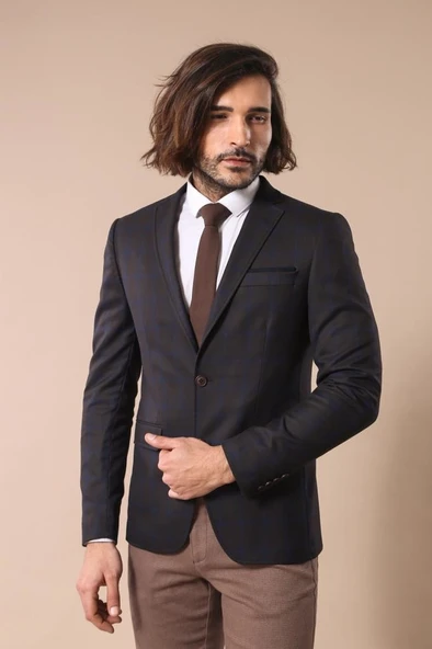 2 Düğmeli Kareli Kahverengi Erkek Ceket - Wessi ürün görseli 1