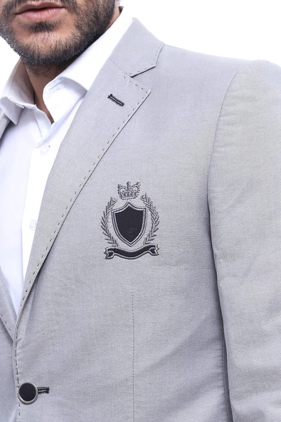 Çift Düğmeli Mono Yaka Armalı Gri Ceket -Wessi - Resim 2