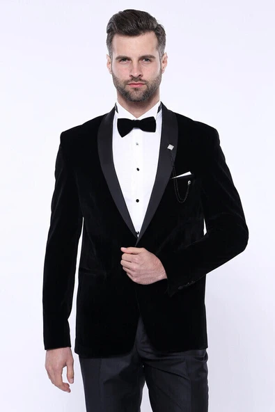 Düz Siyah Velvet Ceket | Wessi - Resim 3