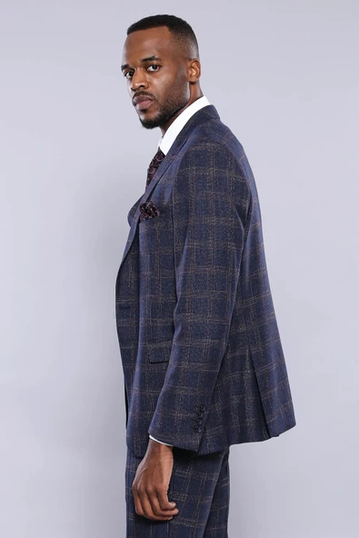 Ekose Desenli Slim Fit Lacivert Erkek Ceket - Wessi - Resim 5