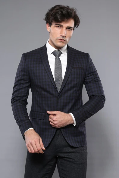 2 Düğmeli Kareli Lacivert Erkek Ceket - Wessi - Resim 3