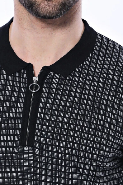 Polo Yaka Siyah Desenli Fermuarlı Örme T-shirt | Wessi - Resim 3