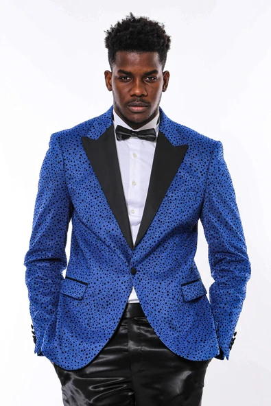 Simli Nokta Desenli Mavi Erkek Smokin Ceket - Wessi ürün görseli 1