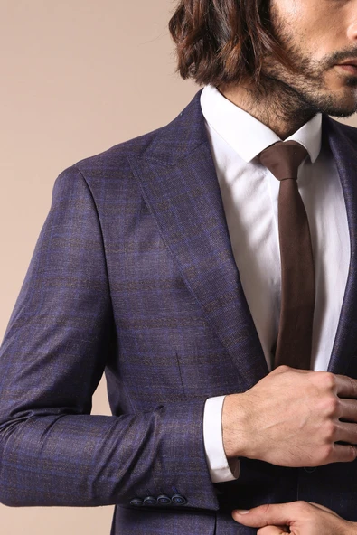 Kruvaze Ekose Desenli Mor Erkek Ceket  - Wessi - Resim 2